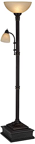 Regency Hill Garver Industrial Style Torchiere Floor Lamp with Reading Light Riser 76.75" Tall Oil Rubbed Bronze Brown Metal Amber Glass Shade Decor for Living Room House Bedroom Home