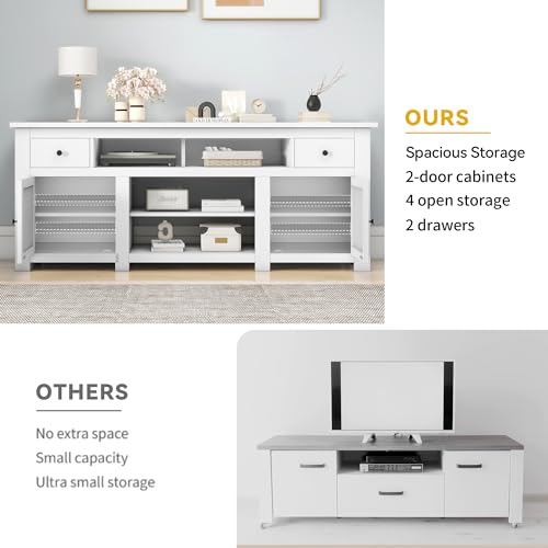 DWVO Farmhouse TV Stand, Entertainment Center with Power Outlet for TVs Up to 80 Inch, TV Console with Movable Partition & Storage Drawer, Rustic TV Stand for Living Room, White