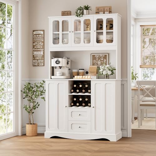 HORSTORS 70" Tall Pantry Cabinet, Kitchen Hutch with Microwave Stand, Modern Kitchen Storage Cabinet with 2 Drawers, Food Pantry with Wine Rack for Dining Room, Living Room, White