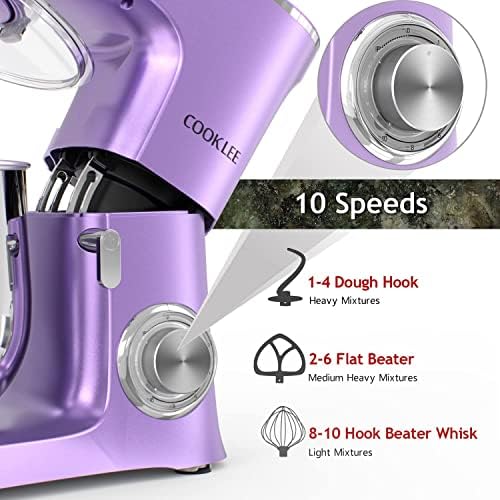 COOKLEE Stand Mixer, 9.5 Qt. 660W Electric Kitchen Mixer with Dishwasher-Safe Dough Hooks, Flat Beaters, Wire Whip & Pouring Shield Attachments for Most Home Cooks, Silver