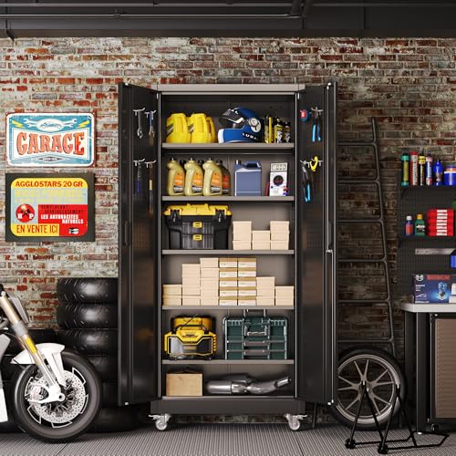 Aobabo Garage Storage Cabinet with Wheels,72" H Metal Storage Cabinet with 2 Doors and 4 Adjustable Shelves for Garage Home, Black,Required-Assembly