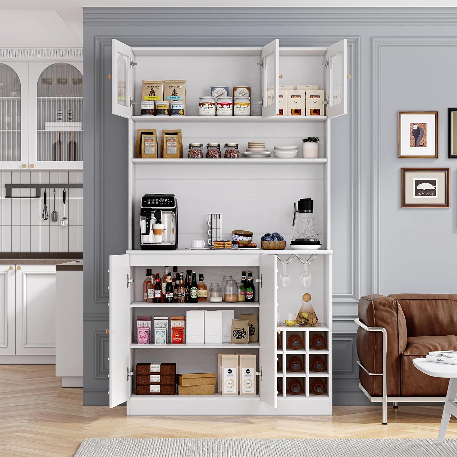 Kitchen Pantry Cabinet with Storage, 71" Tall Hutch Storage Cabinet for Dining Room, White Freestanding Food Pantry Cabinet with Microwave Stand & Power Outlet, Goblet Rack & Wine Rack.