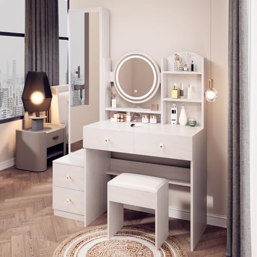 Makeup Vanity Set Touch Control 3 Color Brightness Adjustable Lights Mirror Dressing Table Set with Full Body Mirror Make up Desk with Cabinet Stool Simple Fashionable White Oak
