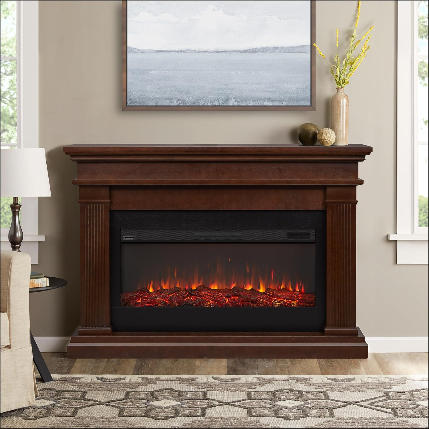 Real Flame Beau 59" Landscape Electric Fireplace with Mantel for Living Room or Bedroom, Replaceable Fireplace Insert Heater, Realistic Log and Flame Effect, Remote Control, Timer