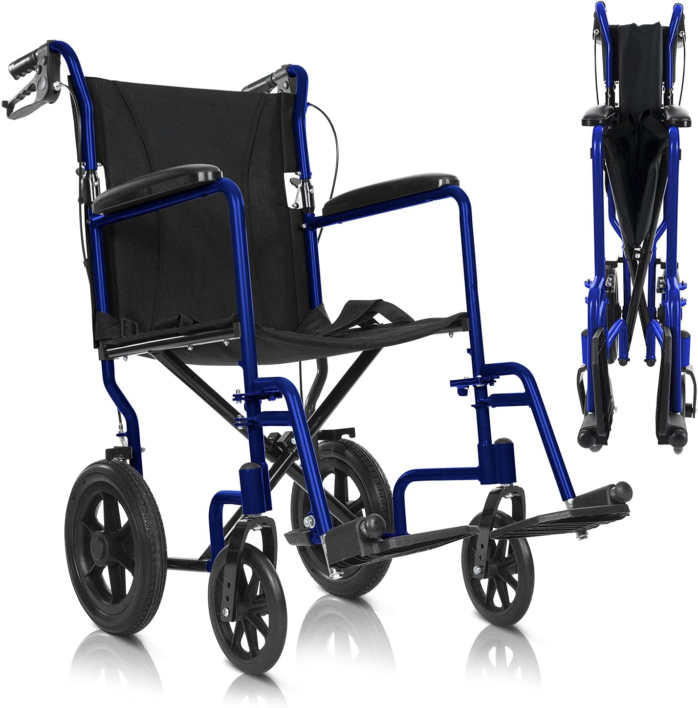 Vive Mobility Folding Transport Wheelchair - Aluminum Chair with Hand Brake - Lightweight, Foldable, Travel Manual Mobility Aid - Ultralight Comfortable 19 Inch Wide Bariatric Handicap Seat (Blue)