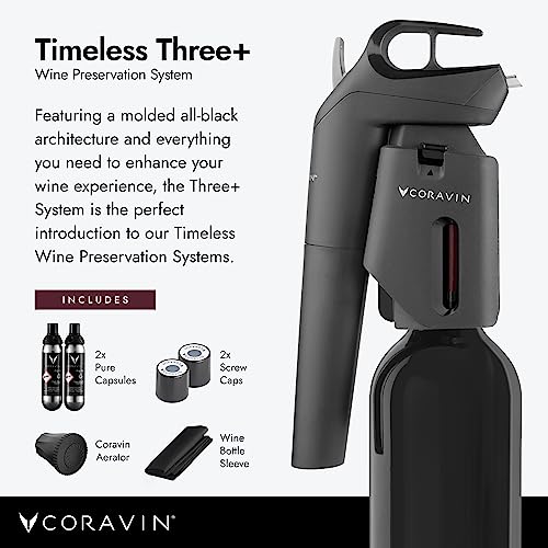 Coravin Timeless Three Plus Wine Preservation System - By-the-Glass Wine Saver - With 2 Pure Argon Gas Capsules & Wine Aerator - Black