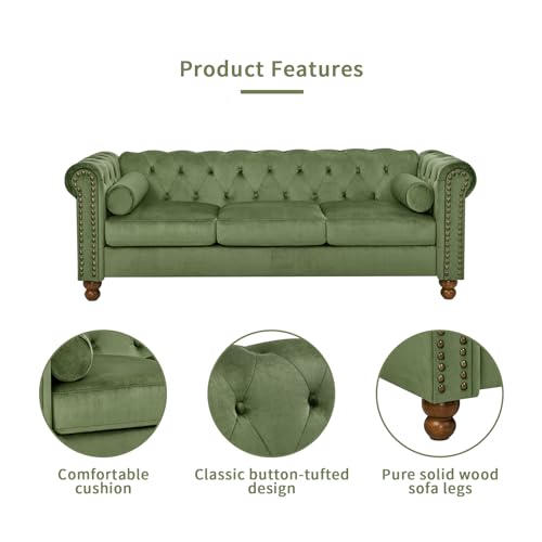 74.5" Velvet 3 Seater Sofa Sofa Couch Chesterfield Sofa Tufted Couch with 2 Pillows for Living Room Apartment Office Lounge Green