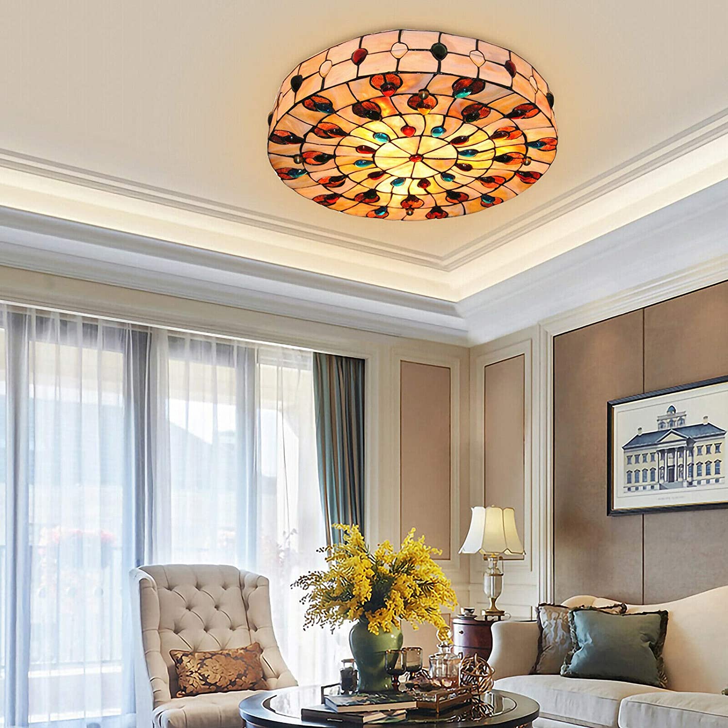 TFCFL Vintage Tiffany Ceiling Light, 20 Inch Flush Mount Stained Glass Hand-Made Art Deco Chandelier Lamp Fixture with Peacock Tail Painting Shade