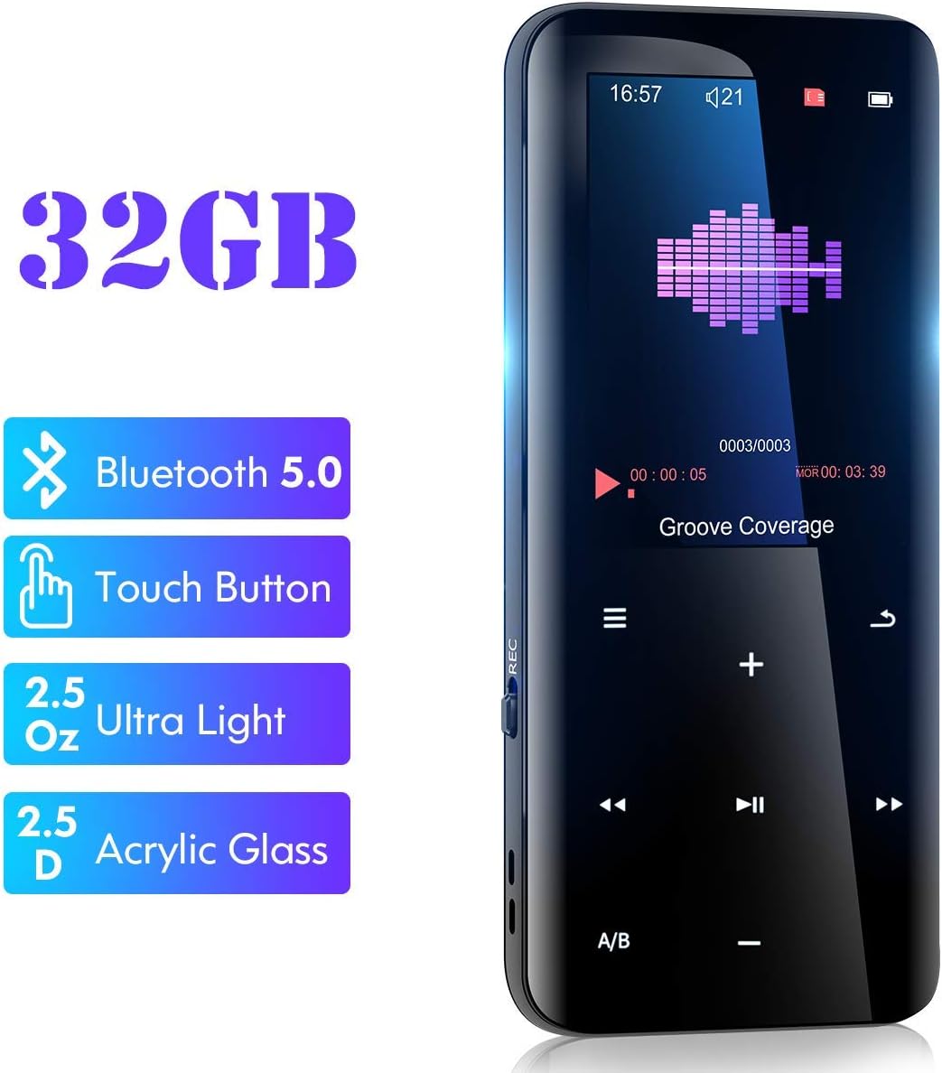 32GB Mp3 Player with Bluetooth 5.0 - Portable Digital Lossless Music Player for Walking Running,Super Light Metal Shell Touch Buttons with TF Card Expansion, Pack of 2