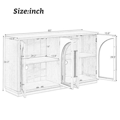Amposei Retro Accent Sideboard 60-Inch Glass Doors Console Storage Cabinet Credenza Buffet Cabinet with Adjustable Shelves for Living Dining Room Kitchen, Navy Blue