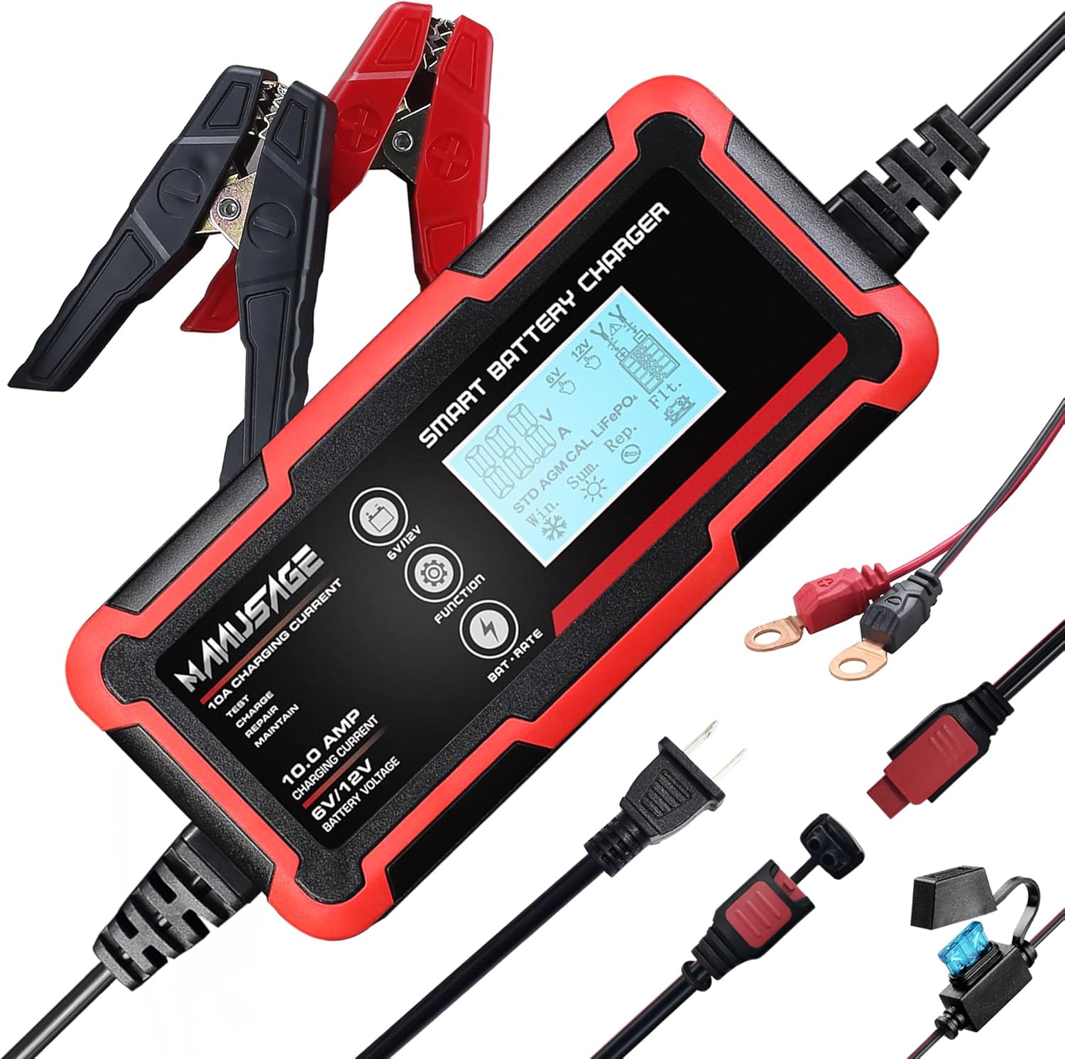 Manusage 10-Amp Fully-Automatic Smart Charger, 6V and 12V Portable Battery Charger, Battery Maintainer, Trickle Charger, and Battery Desulfator with Temperature Compensation