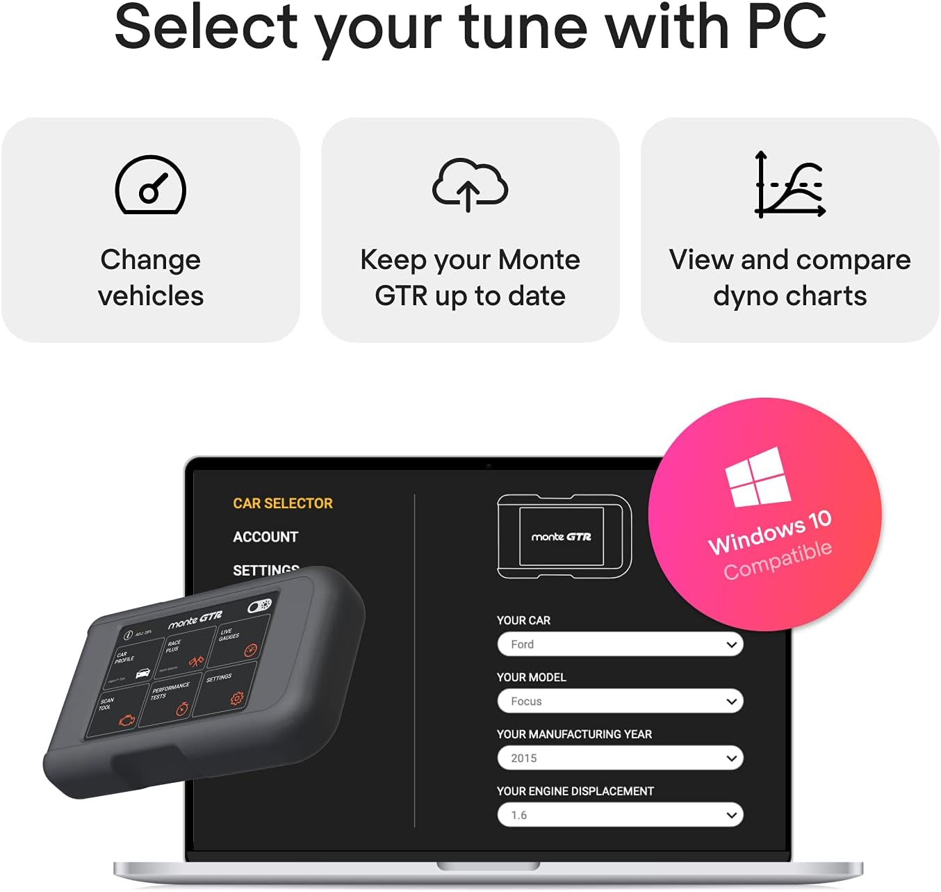 Monte Tuning Universal Performance Tuner - Monte GTR Powerful 4 in 1 Performance Chip Tuning Device, Fuel Saver and Car Diagnostic Scanner - Powerful Performance Programmer for Most Cars and SUVs