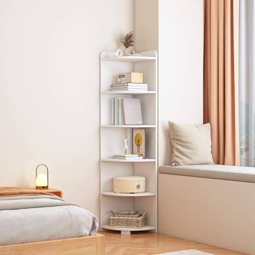 IOTXY 6-Tier Open Corner Shelf - 71" Tall Wooden Floor Standing Corners Bookshelf Rack Stand, Oak