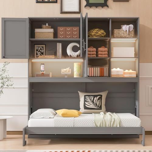 MERITLINE Twin Horizontal Murphy Bed with Storage Cabinet, LED Light and Charging Station,Wood Folding Murphy Wall Bed Cabinet with Bookcase and Shelves for Adult (White)