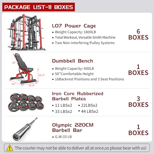 L05/07 Smith Machine，Multi-Function Squat Rack Power Cage with Cable Crossover System,with Weight Bench, Olympic Barbell Weight Set, for Home Gym