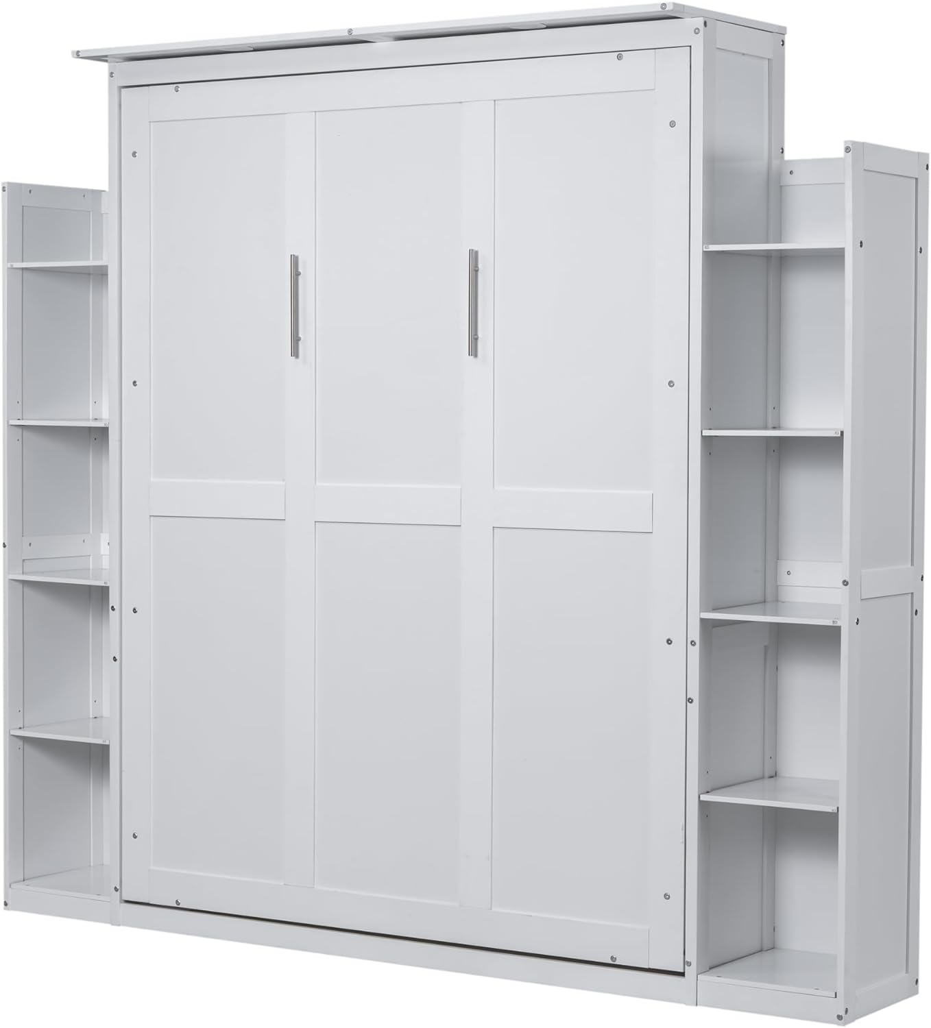 Merax Murphy Bed, Queen Size Wooden Wall Bed Shelves and LED Lights for Bedroom, Wood Slat Support, No Box Spring Needed, Easy Assembly, White
