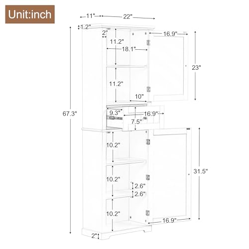 Tall Bathroom Storage Cabinet, Freestanding Storage Cabinet with 2 Doors, 5 Shelves, and 1 Drawer, Narrow Bathroom Cabinet with Adjustable Shelf, Linen Cabinet for Living Room and Bedroom (White)