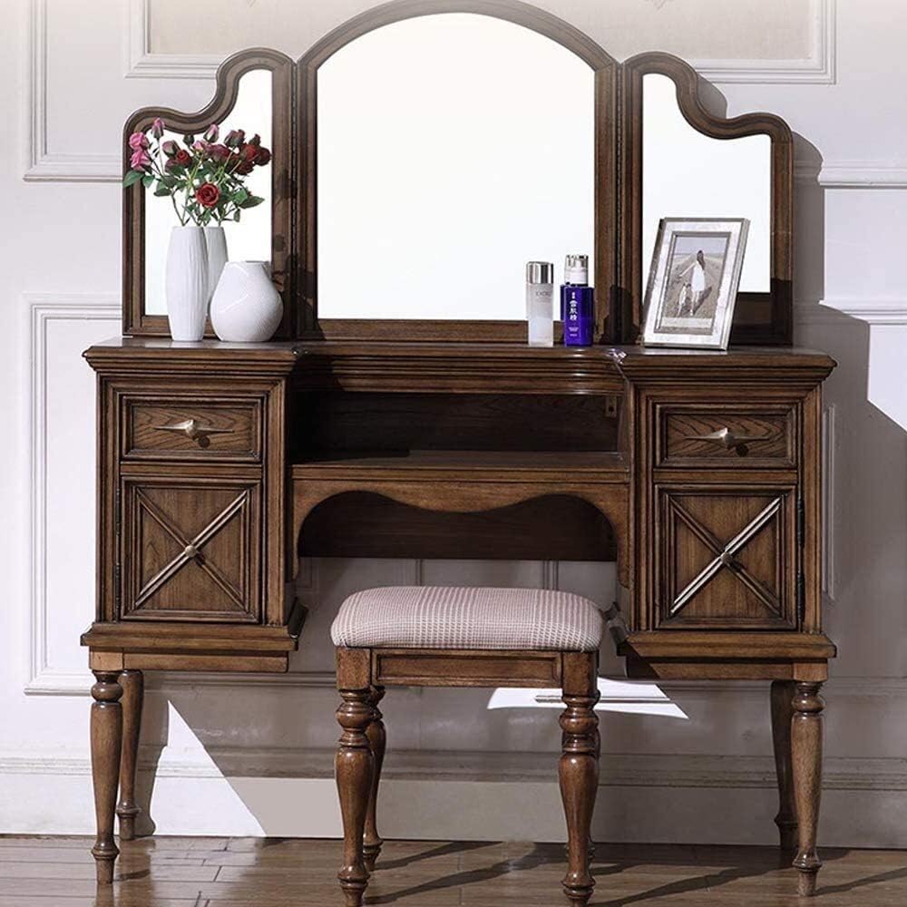 Luxury Dressing Vanity Table w/Stool for Bedroom, Simple American Solid Wood Dressing Table - Bedroom Simple European tri-fold Mirror Dressing Table Combination American Fashion Wind