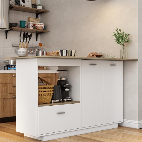 ECACAD 80.7" Kitchen Island with Storage, Wood Kitchen Prep Table White Stationery Storage Cabinet with 3 Drawers, Open Shelves & 2 Cabinets for Dining Room