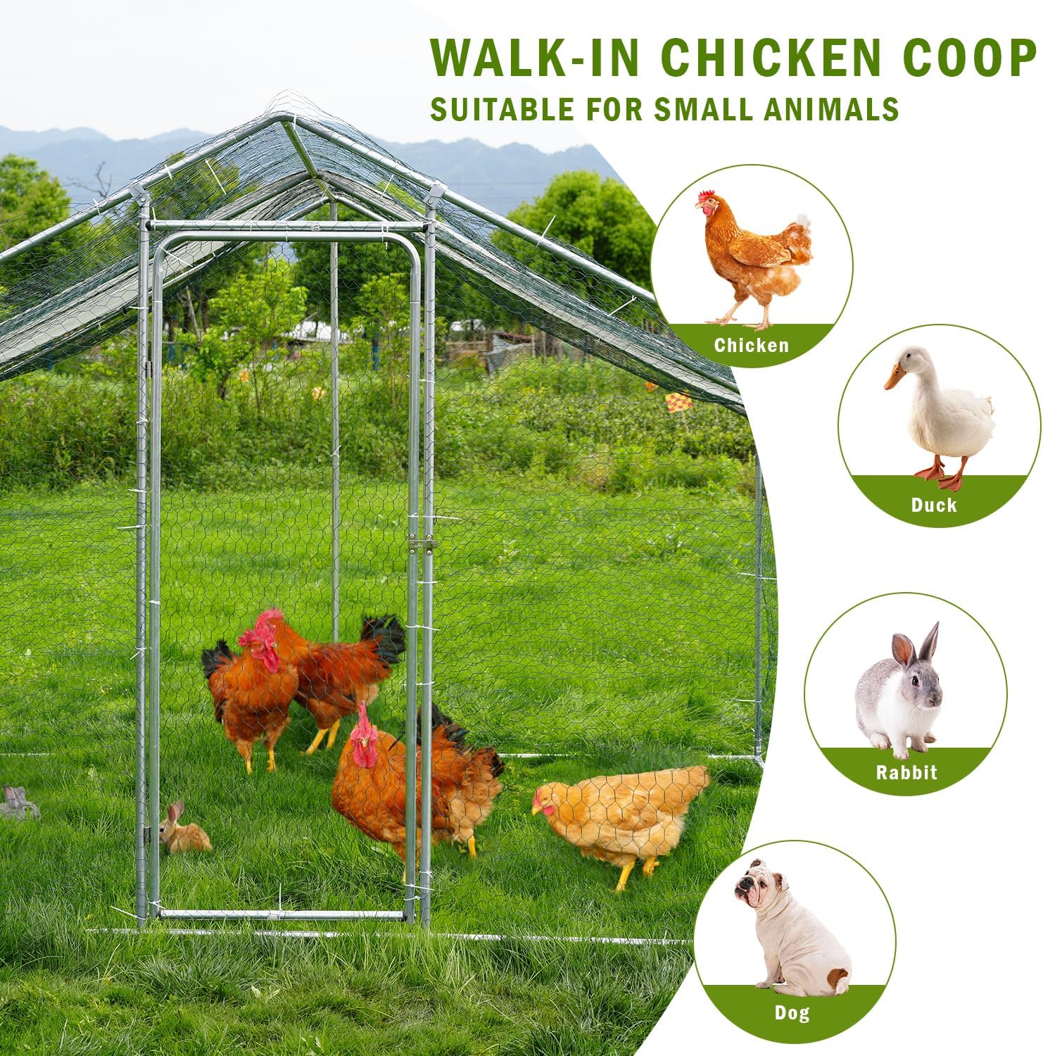 Large Metal Chicken Coop, Outdoor Metal Chicken Run with Waterproof and Anti-Ultraviolet Cover for 10-20 Chickens, Walk-in Poultry Cage for Chicken, Duck, Rabbit, Dog (9.84'×9.84'×6.46')