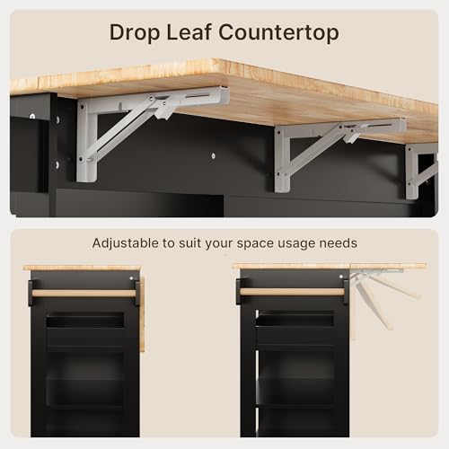 Gizoon Rolling Kitchen Island with Drop Leaf, 60.6" Width Wood Countertop, Kitchen Carts on Wheels with Large Storage Cabinet, Adjustable Shelf, Spice Towel Rack, Removable Tray, White