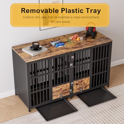 BOINN Large Dog Crate Furniture, 63 inch Heavy Duty Double Dog Crate with Divider, Extra Large Dog Kennel Furniture with Removable Trays for Medium Large Dogs
