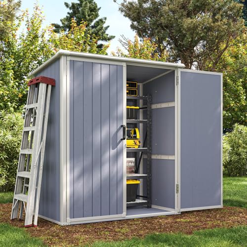 Aoxun 6 x 8 FT Outdoor Storage Shed with Window, Resin Shed with Floor & Lockable Doors, Garden Shed Waterproof Plastic Tool Shed with Sloped Roof for Backyard, Garden, Patio, Lawn, Grey