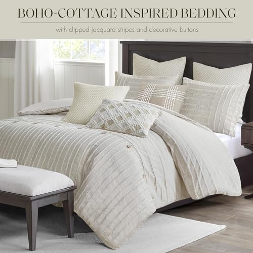 Madison Park King Comforter Set Clipped Jacquard Stripes with Buttons Boho Comforter for a King-Size Bed, Cotton Oversized Comforters with Removable Cover Boho Bedding, King Ivory 9 Piece