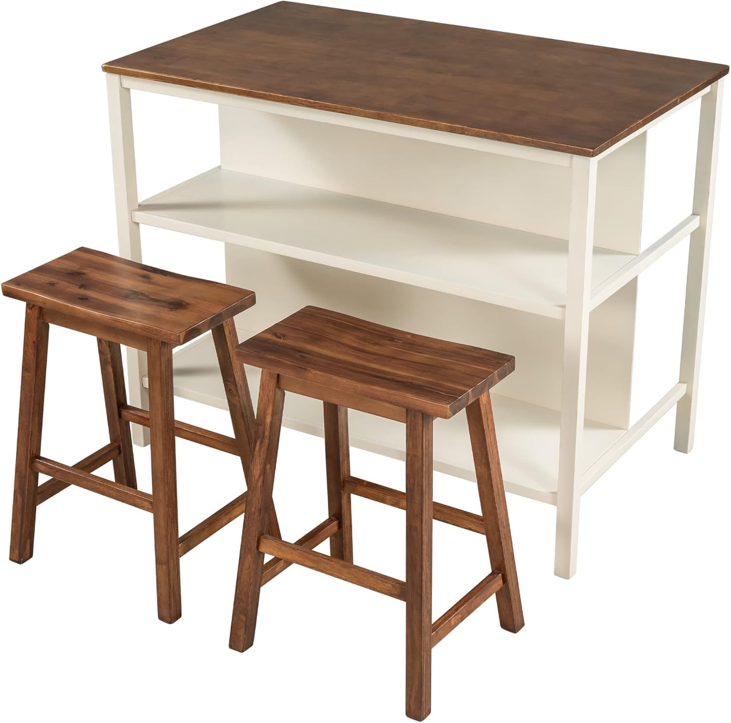 Voohek Kitchen Island Set with 2 Stools Seating, Solid Wood Rubber Butcher Block Dining Prep Table Open Shelves for Small Places, Rustic Stationary