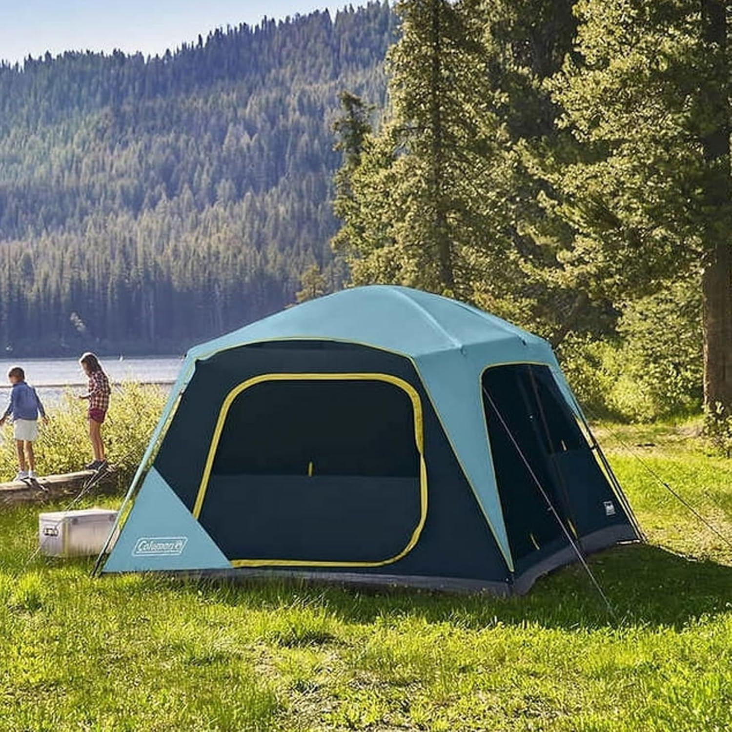 Coleman Skylodge 10-Person Instant Camping Tent with E-Port, Mesh Storage Pockets, Ground Vent, WeatherTec System, and Carry Bag, Blue and Black