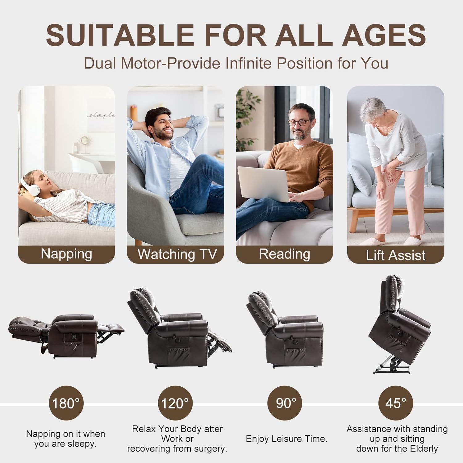Lay Flat Dual Motor Power Lift Recliner Chair with Massage and Heat for Elderly, Breathable Leather Overstuffed Lift Chairs, Infinite Position Recliner Chairs for Sleeping, 2PCS Brown