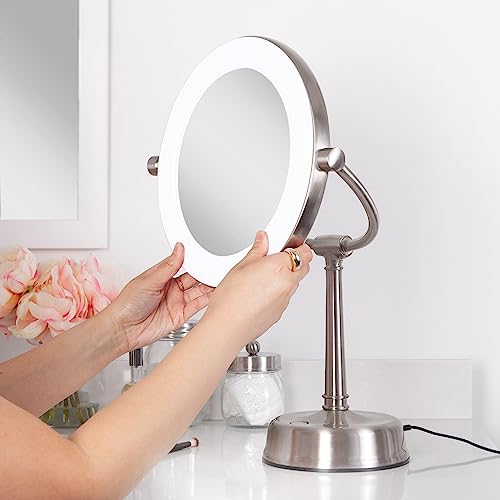 Zadro Lexington LED Lighted Makeup Mirror with Magnification Two-Sided Swivel Mirror with Lights for Makeup Desk Vanity (10X/1X, 12" W x 20" H, 10" Head, 7.5" Mirror, Satin Nickel)