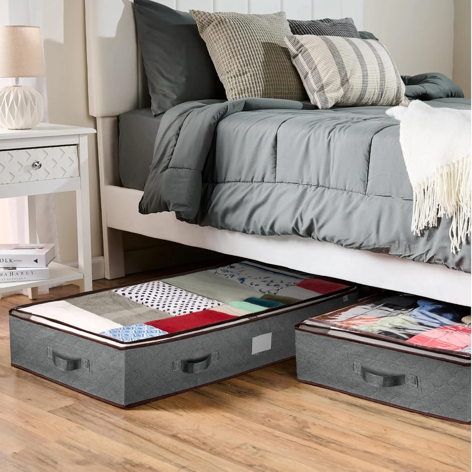 Under Bed Storage Bins - Pack Of 4 Under The Bed Storage Containers For Clothes, Blankets, Winter Clothing, &amp; Shoes - Underbed Storage Containers With Handles, Dual Zippers, &amp; Clear Top