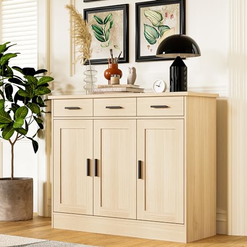 43.3" W Oak Buffet Cabinet, Coffee Bar Cabinet with 3 Drawers & 3 Doors, Kitchen Buffet Sideboard for Living Room, Kitchen