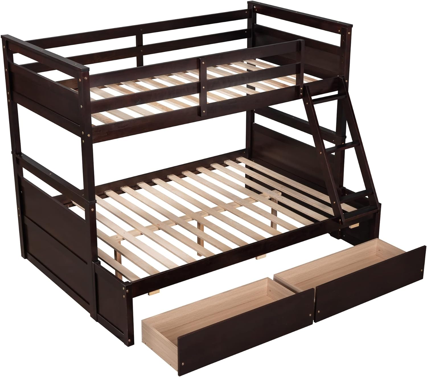 Over Full Bunk Bed With Storage, Wood Bunk Bed Frame With Two Drawer, Safety Guardrail, Ladder, Can Convertible To 2 Separated Beds For Kids, Teens, Adults ( Over Full, Espresso)