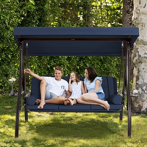 HOMREST 3 Person Outdoor Porch Swing with 1.5" Deep Cup Holder, Adjustable Canopy, Backrest, Patio Swing Bed with Weather Resistant Steel Frame, Cushions for Garden,Deck and Poolside(Blue)