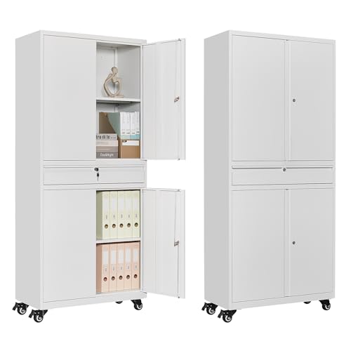 Metal Storage Cabinet with Wheels, Garage Storage Cabinet with Locking Draw and Adjustable Shelf, Tool Storage Cabinet for Garage, Home, Office, Gym, School (White, On Wheels)