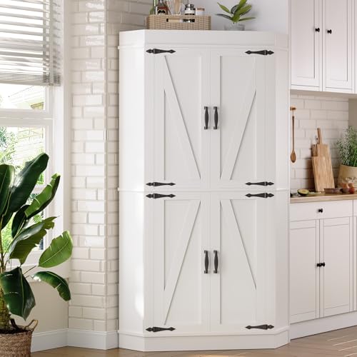 Corner Cabinet, Kitchen Pantry Cabinet, Storage Cabinet with 4 Doors and Shelves, Kitchen Cabinet, Pantry Cabinet, Tall Food Pantry Storage Cabinet Farmhouse Furniture for Kitchen Dining Room, White