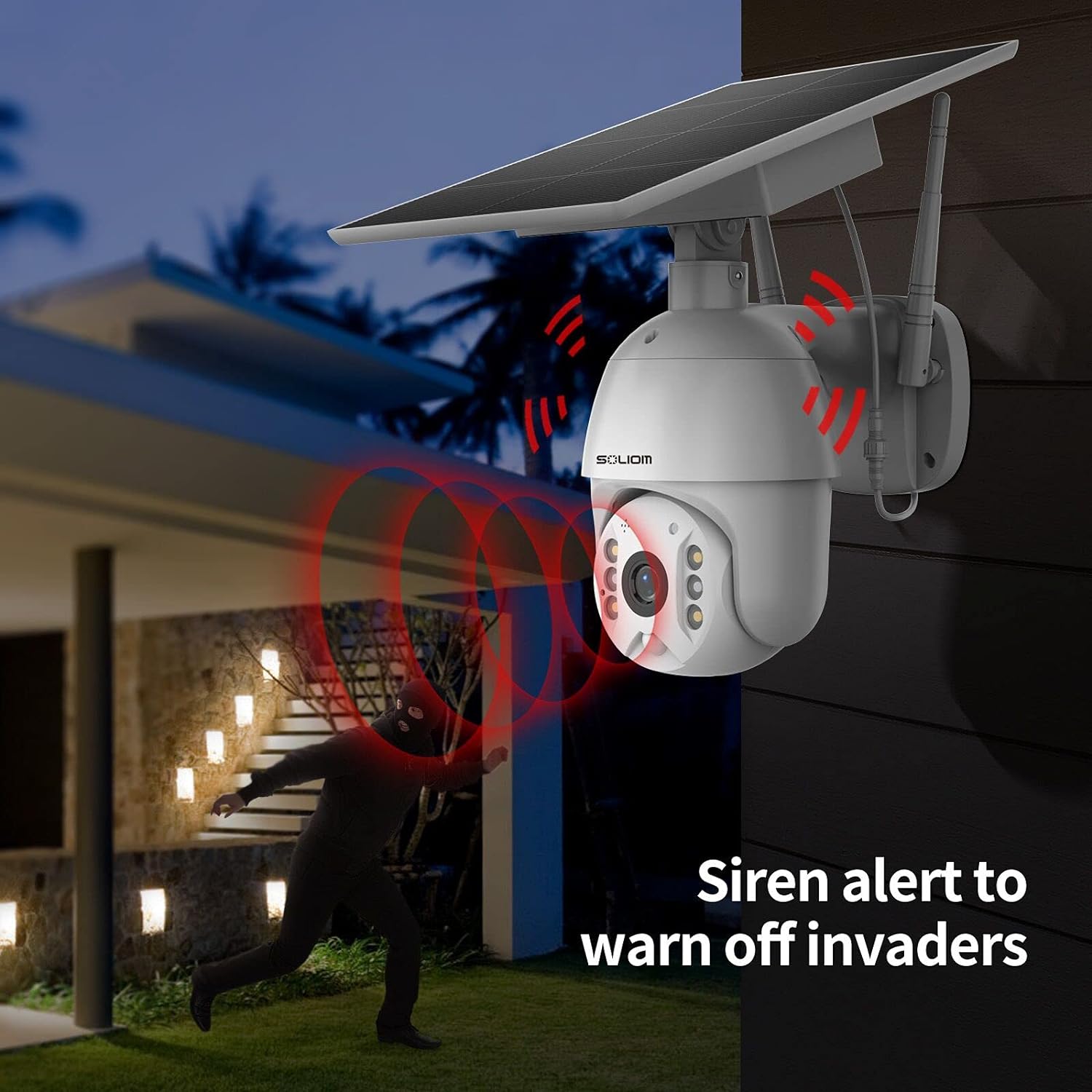 Soliom S600 Outdoor Home Security Camera, Wireless WiFi Pan Tilt 360° View Spotlight Solar Battery Powered System, Motion Detection and Siren, Color Night Vision, 2-Way Talk, Remote Access, Cloud/SD
