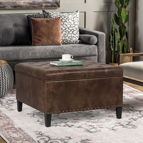 Fabric Storage Ottoman, 28.3" Large Square Ottoman Coffee Table with Storage, Upholstered Oversized Ottoman for Living Room (Dark Gray)