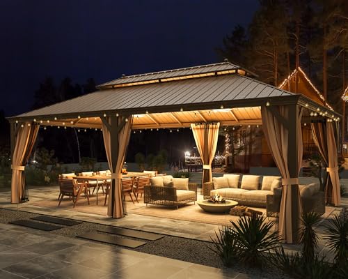 MELLCOM 12'x16' Hardtop Gazebo, Galvanized Steel Metal Double Roof Canopy with Curtains and Netting, Brown Permanent Pavilion Gazebos with Aluminum Frame for Garden, Patio, Lawns, Deck