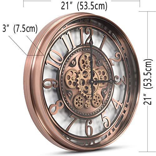 Moving Gear Wall Clock for Modern Farmhouse Living Room Decor,Large Industrial Steampunk Wall Clock,Metal Wall Clock Decorative for Home Office, Dinning Room,Copper (21 Inch)
