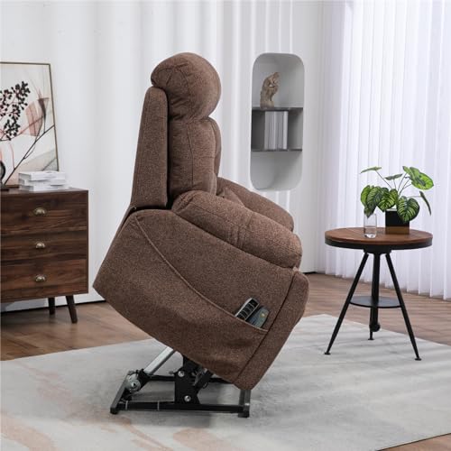 Light Grey Recliner Chair for Elderly | Tall and Big Man 400lbs | Chenille | Power Lift, Lay Flat, Stand Up, Wireless Charging Device, Extended Footrest, Massage Heat, Cup Holder, Lumbar Pillow