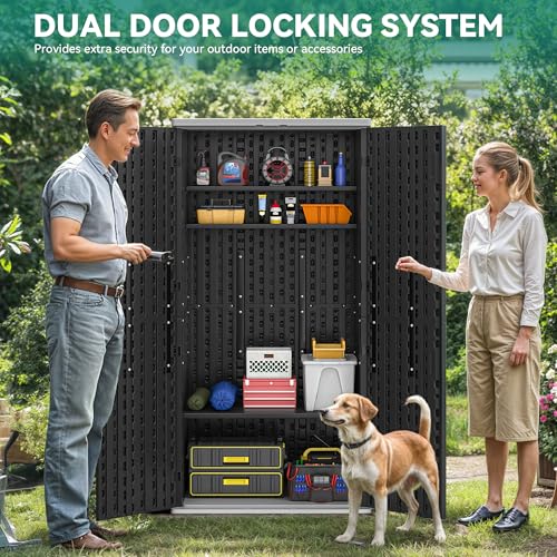 YITAHOME Outdoor Storage Cabinet with 2 Shelves, Waterproof Resin Horizontal Tool Shed, Lockable 15 cu. ft. Storage Shed for Patio, Garden, Yard, Dark Gray