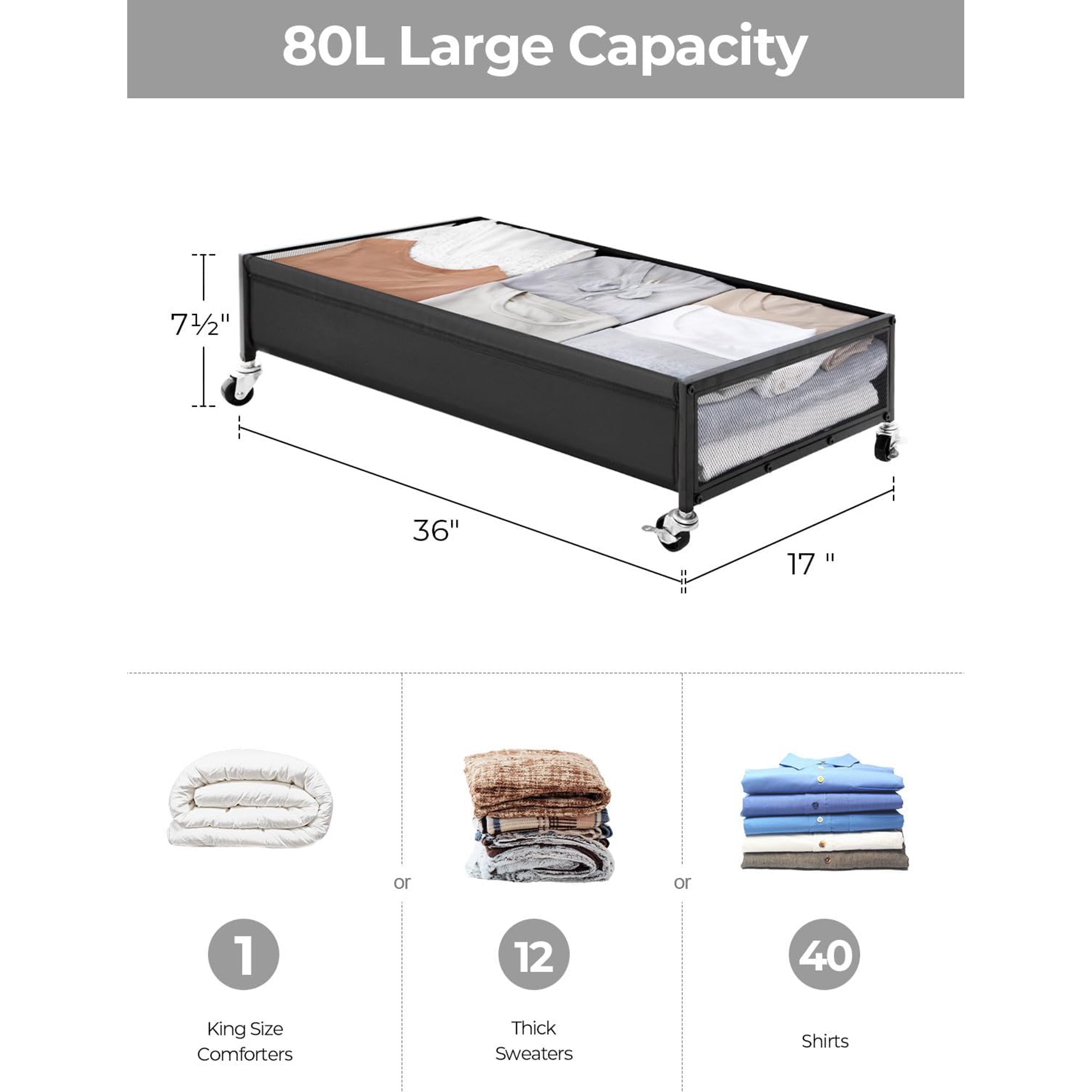 Under Bed Storage with Wheels, 2-Pack Metal Underbed Storage Containers, 80L Closet Organizer Bins for Clothes, Blankets, Sweaters