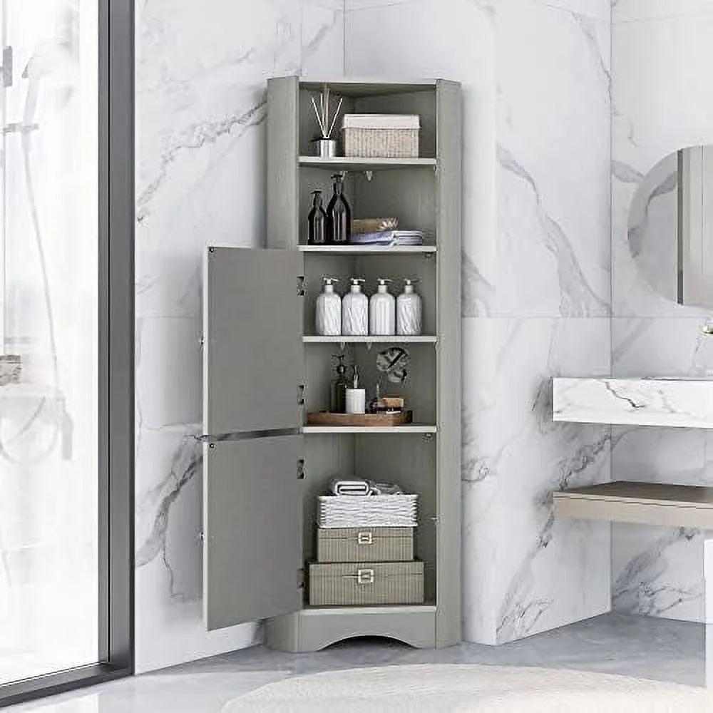 TJUNBOLIFE Corner Cabinet with Doors  Corner Bathroom  Cabinet with 2 Adjustable Shelves  Freestanding Bathroom Floor Corner Cabinet for Kitchen  Bathroom  Living Room (Gray)