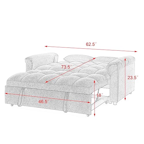 62 Inch Linen Futon Sofa Bed with Pull-out Bed, 3-in-1 Loveseat Sofa Couch with Adjustable Backrest and Lumbar Pillows, Convertible Sleeper Sofa Couch for Small Space Apartment Living Room, Grey