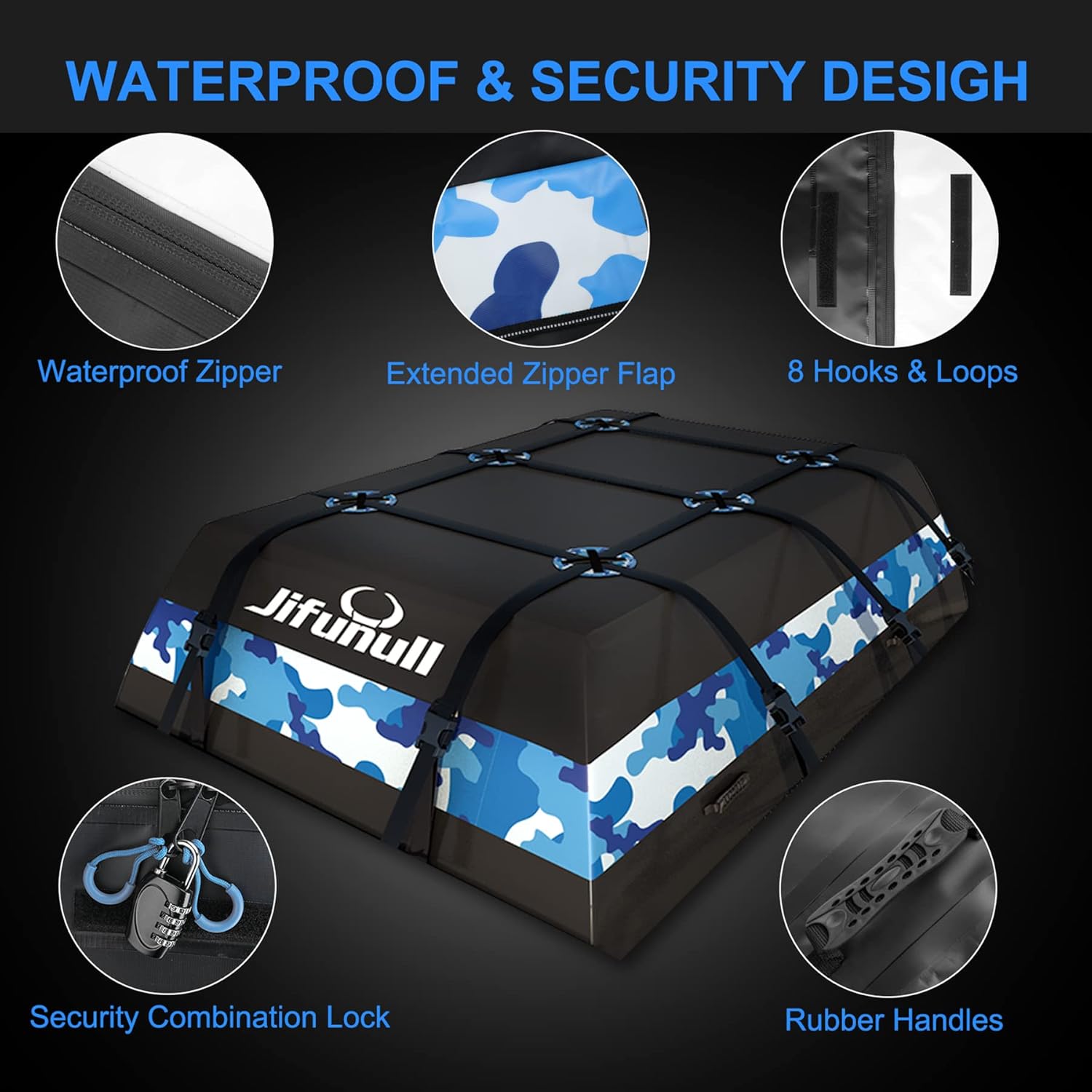 Jifunull Rooftop Cargo Carrier Bag 21 Cubic Feet, Waterproof Soft-Shell Roof Rack Cargo Carrier, 1000D PVC Anti-Tear Car Roof Bag for Vehicle with/Without Racks, Includes 7 Door Hooks, Anti-Slip Mat