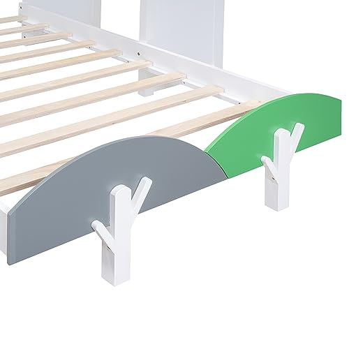 House-Shaped Twin Size Platform Bed with Windmill and Flower Decor, Solid Wood House Bed Kids Bed with Desk and 2 Handles for Girls Boys, Strong Sturdy Slats Support (at-White)