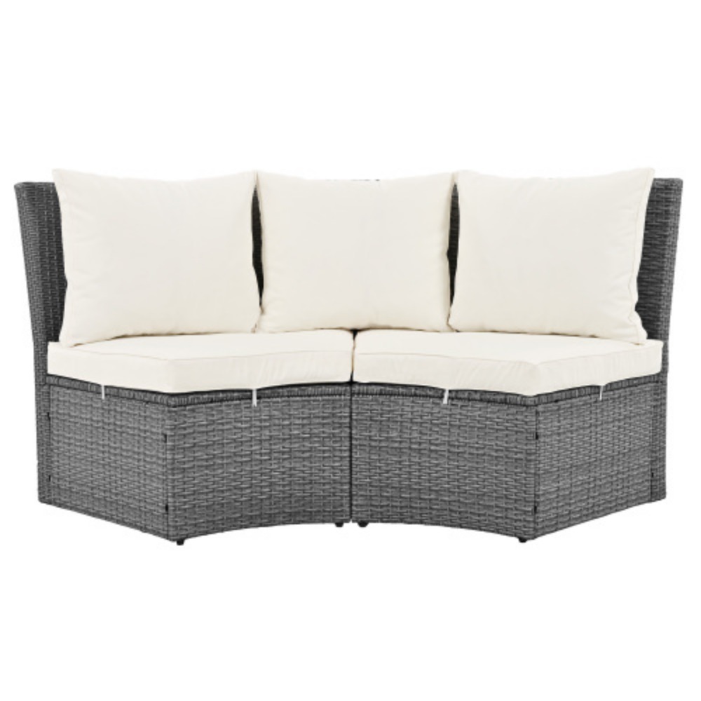 TOPMAX Patio 5-Piece Round Rattan Sectional Sofa Set All-Weather PE Wicker Sunbed Daybed with Round Liftable Table and Washable Cushions for Outdoor Backyard Poolside Beige + Rattan + Foam